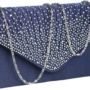 Ladies Satin Evening Bag Navy Blue Bridal Wedding Handbag for Parties